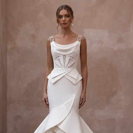 Architectural Ivory Stretch Mikado Mermaid Wedding Gown for Museum Vow Renewal - Apparel & Accessories > Clothing > Wedding & Bridal Party Dresses > Wedding Dresses - Mignonette Bridal
