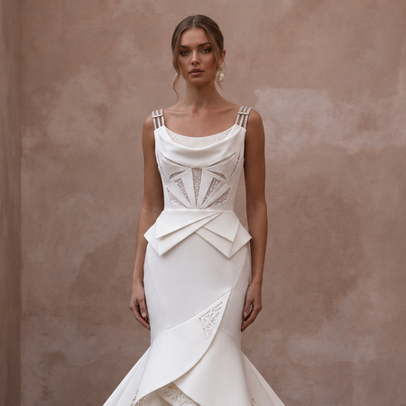 Architectural Ivory Stretch Mikado Mermaid Wedding Gown for Museum Vow Renewal