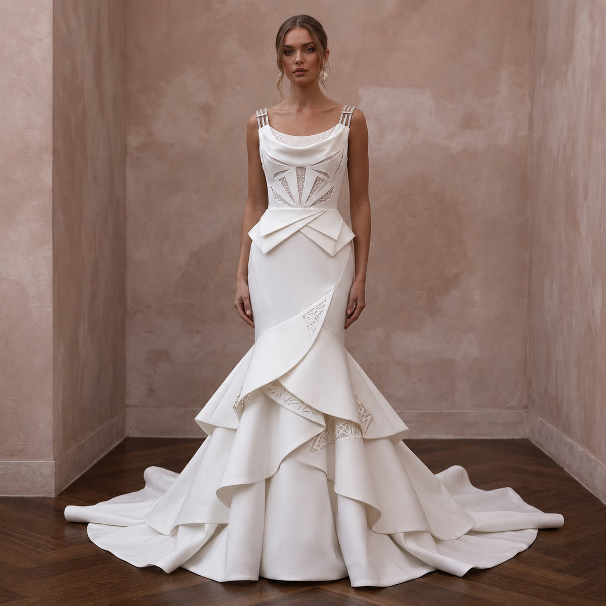 Architectural Ivory Stretch Mikado Mermaid Wedding Gown for Museum Vow Renewal - Apparel & Accessories > Clothing > Wedding & Bridal Party Dresses > Wedding Dresses - Mignonette Bridal Main image
