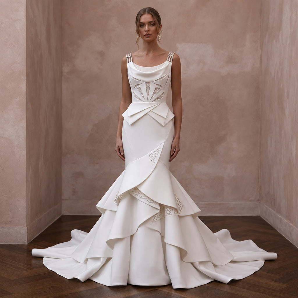 Architectural Ivory Stretch Mikado Mermaid Wedding Gown for Museum Vow Renewal - Apparel & Accessories > Clothing > Wedding & Bridal Party Dresses > Wedding Dresses - Mignonette Bridal