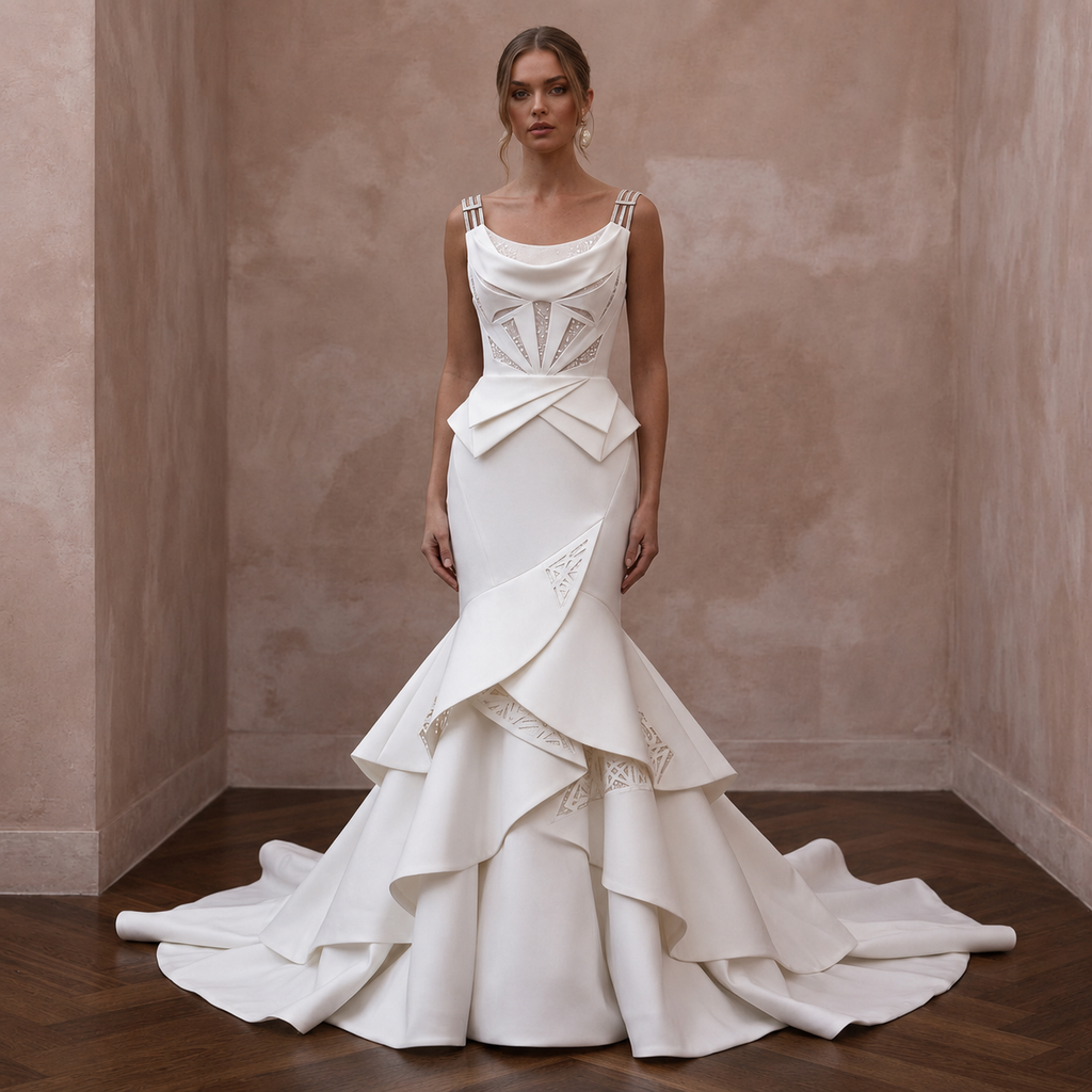 Architectural Ivory Stretch Mikado Mermaid Wedding Gown for Museum Vow Renewal