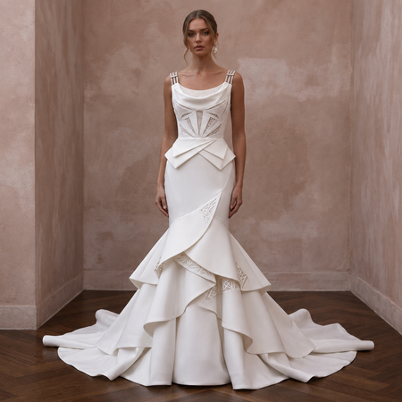 Architectural Ivory Stretch Mikado Mermaid Wedding Gown for Museum Vow Renewal