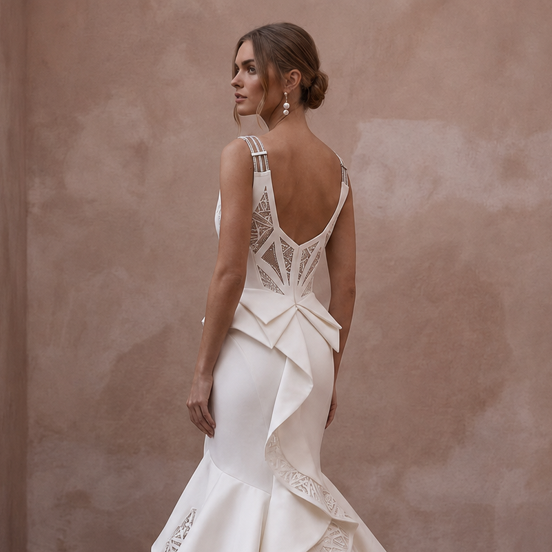 Architectural Ivory Stretch Mikado Mermaid Wedding Gown for Museum Vow Renewal