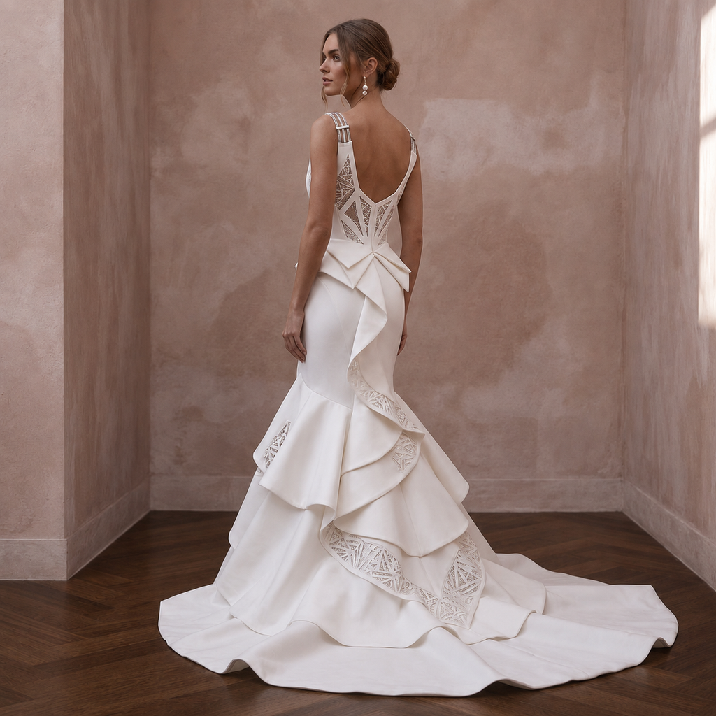Architectural Ivory Stretch Mikado Mermaid Wedding Gown for Museum Vow Renewal