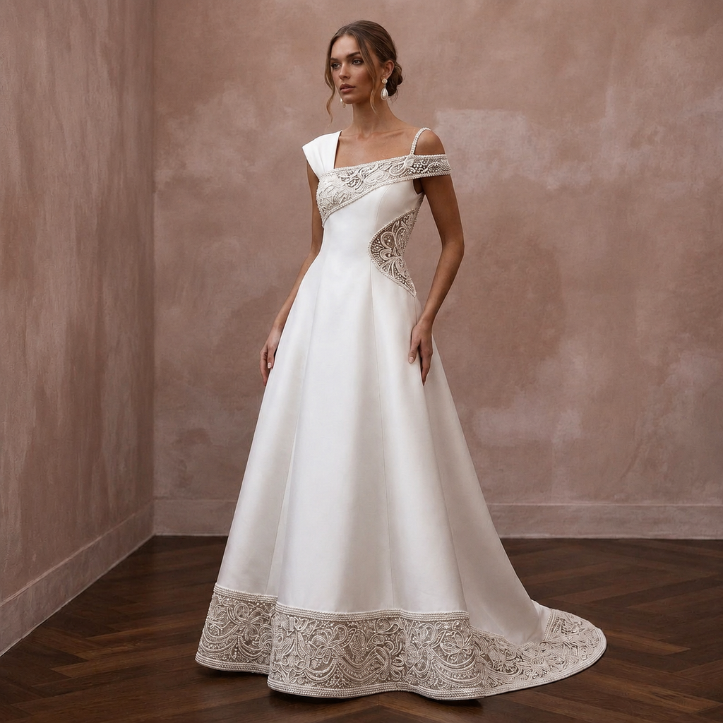 Architectural Off-White Faille Trapeze Dress for Civil Ceremony