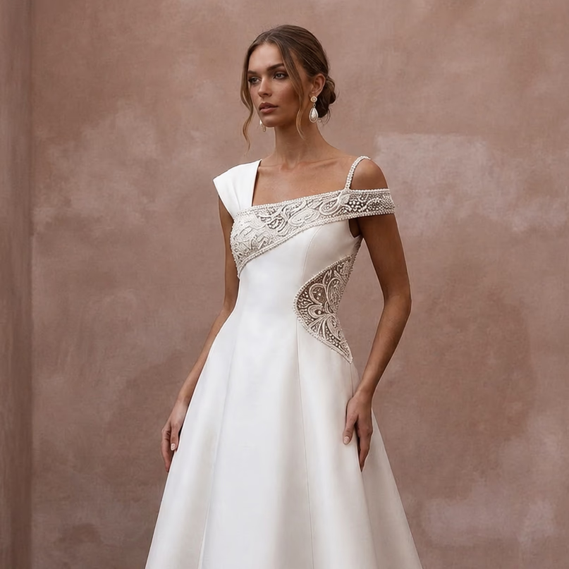 Architectural Off - White Faille Trapeze Dress for Civil Ceremony - Apparel & Accessories > Clothing > Wedding & Bridal Party Dresses > Wedding Dresses - Mignonette Bridal