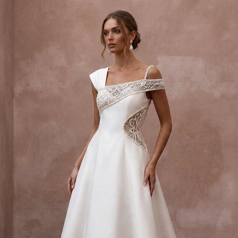 Architectural Off-White Faille Trapeze Dress for Civil Ceremony