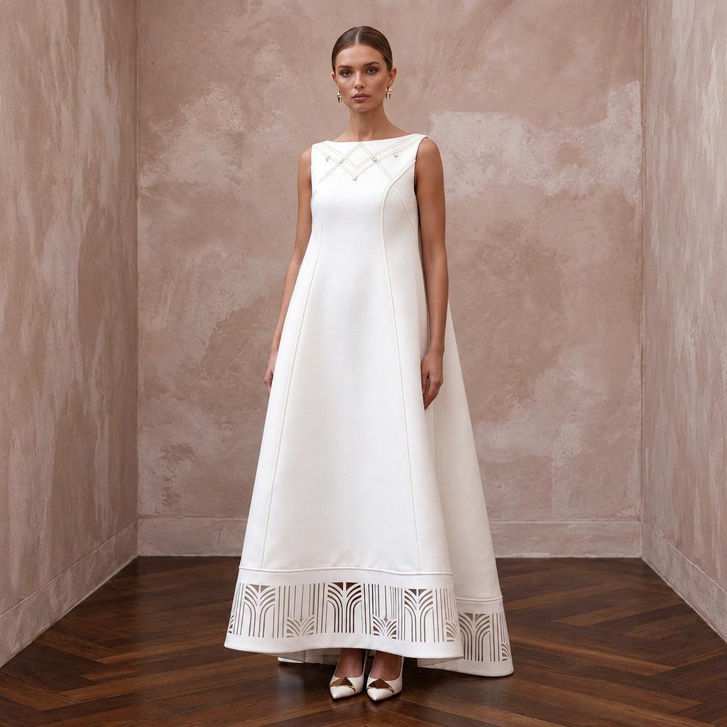 Architectural Off-White Faille Trapeze Wedding Dress for Civil Ceremony