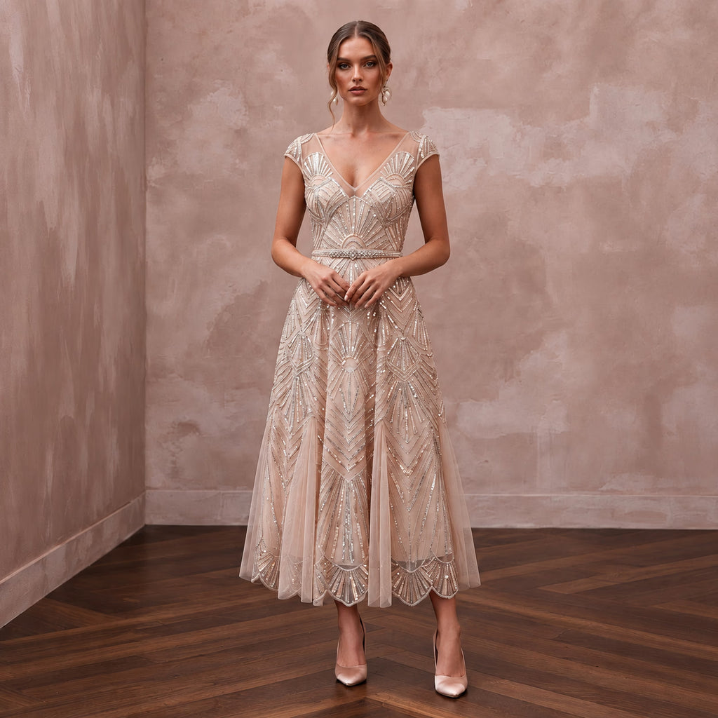 Art Deco Blush Sequin Tea - Length Bridal Gown for Rehearsal Dinner Dance - Apparel & Accessories > Clothing > Wedding & Bridal Party Dresses > Wedding Dresses - Mignonette Bridal