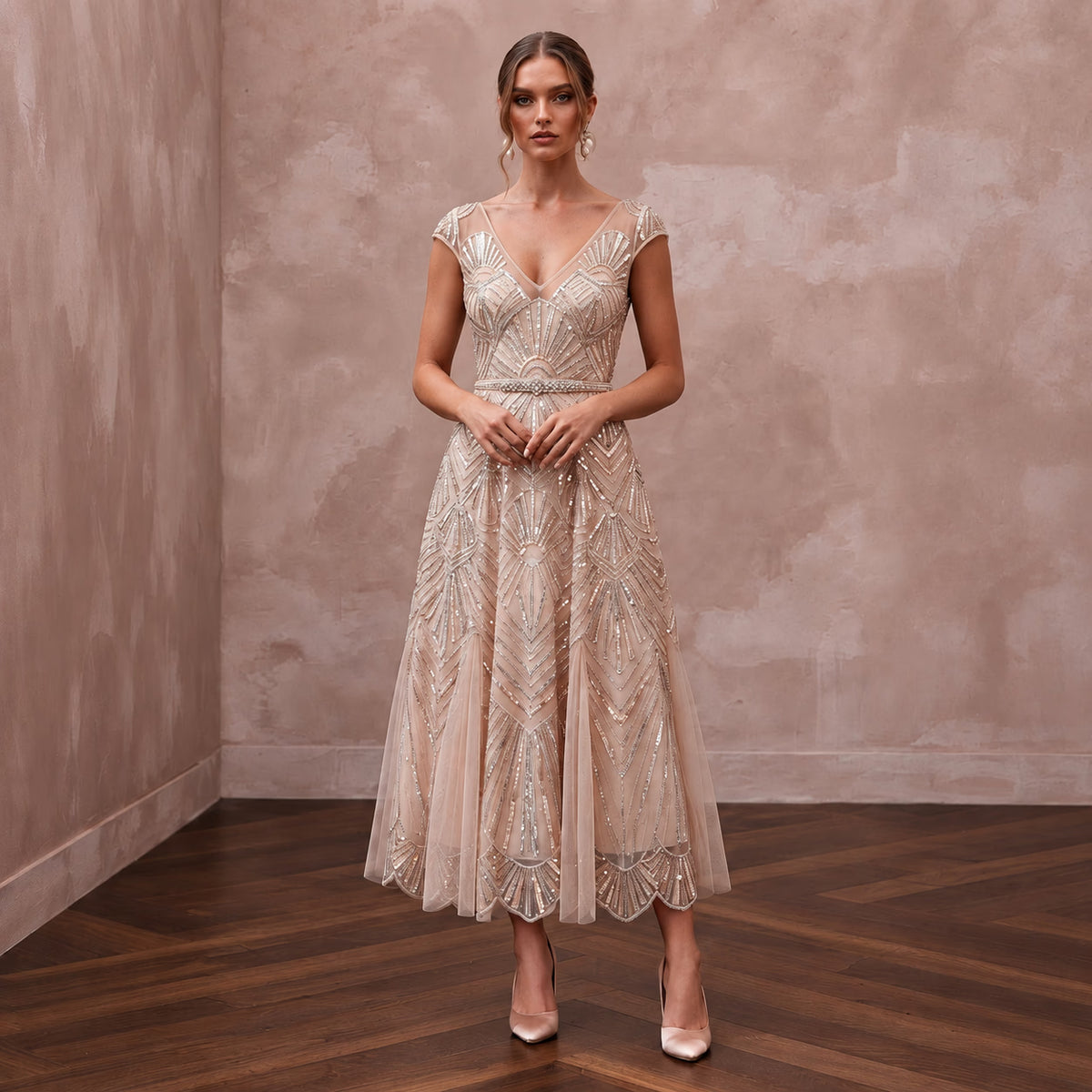 Art Deco Blush Sequin Tea - Length Bridal Gown for Rehearsal Dinner Dance - Apparel & Accessories > Clothing > Wedding & Bridal Party Dresses > Wedding Dresses - Mignonette Bridal