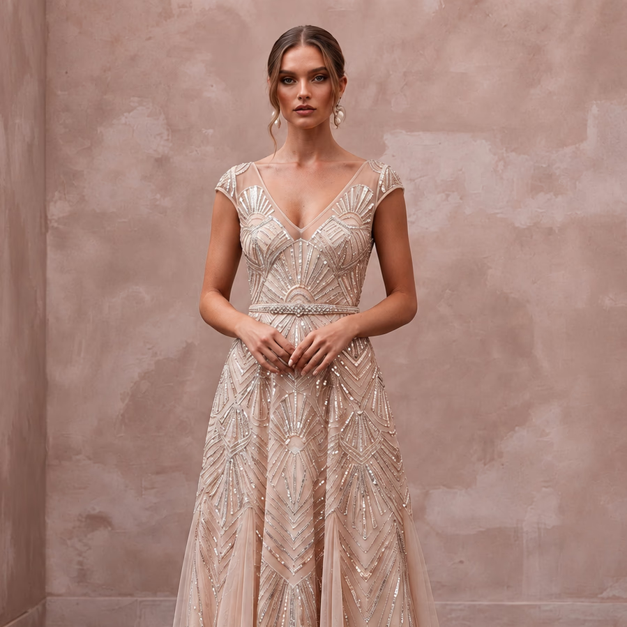 Art Deco Blush Sequin Tea - Length Bridal Gown for Rehearsal Dinner Dance - Apparel & Accessories > Clothing > Wedding & Bridal Party Dresses > Wedding Dresses - Mignonette Bridal