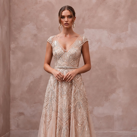 Art Deco Blush Sequin Tea - Length Bridal Gown for Rehearsal Dinner Dance - Apparel & Accessories > Clothing > Wedding & Bridal Party Dresses > Wedding Dresses - Mignonette Bridal