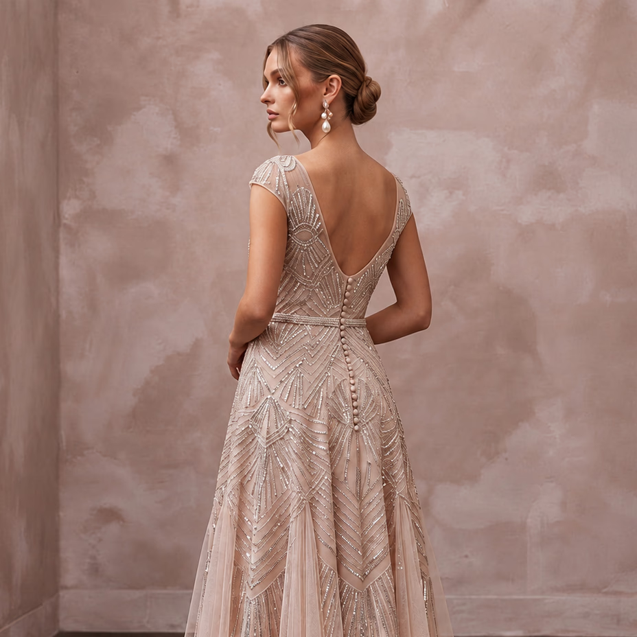 Art Deco Blush Sequin Tea - Length Bridal Gown for Rehearsal Dinner Dance - Apparel & Accessories > Clothing > Wedding & Bridal Party Dresses > Wedding Dresses - Mignonette Bridal