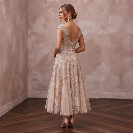 Art Deco Blush Sequin Tea - Length Bridal Gown for Rehearsal Dinner Dance - Apparel & Accessories > Clothing > Wedding & Bridal Party Dresses > Wedding Dresses - Mignonette Bridal