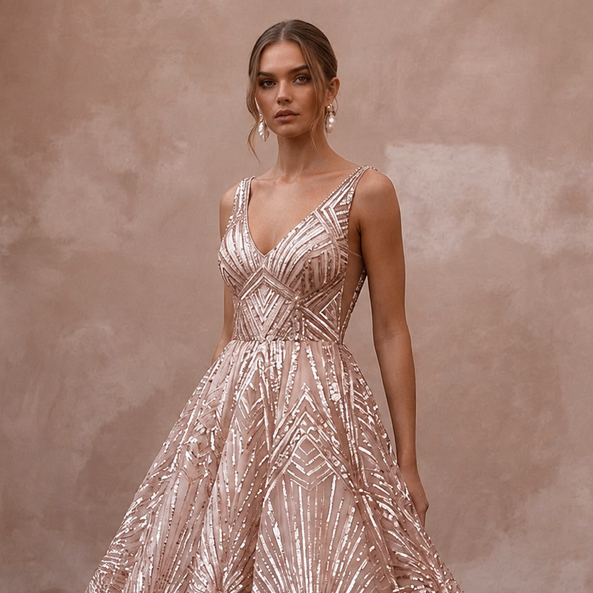Art Deco Blush Sequin Tea-Length for Rehearsal Dinner Dance