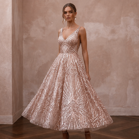 Art Deco Blush Sequin Tea-Length for Rehearsal Dinner Dance