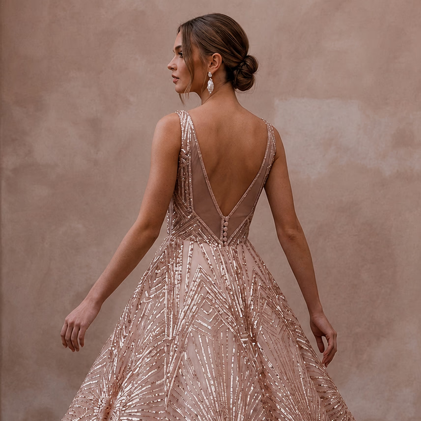 Art Deco Blush Sequin Tea - Length for Rehearsal Dinner Dance - Apparel & Accessories > Clothing > Wedding & Bridal Party Dresses > Wedding Dresses - Mignonette Bridal
