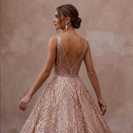 Art Deco Blush Sequin Tea-Length for Rehearsal Dinner Dance