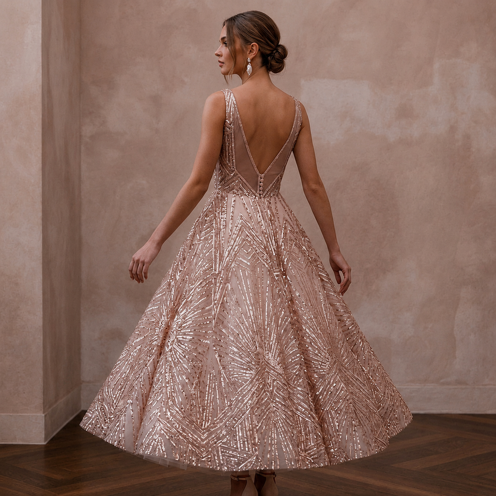 Art Deco Blush Sequin Tea-Length for Rehearsal Dinner Dance