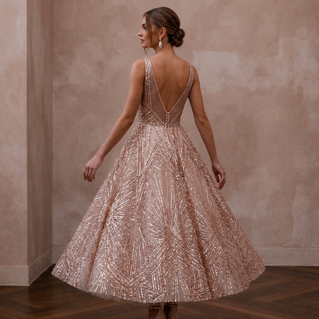 Art Deco Blush Sequin Tea-Length for Rehearsal Dinner Dance