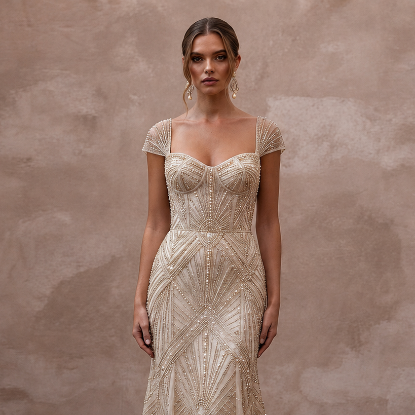 Art Deco Champagne Beaded Fit-and-Flare Bridal Gown for After-Party