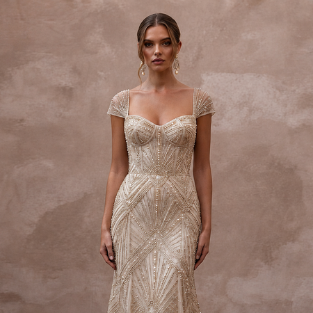 Art Deco Champagne Beaded Fit-and-Flare Bridal Gown for After-Party