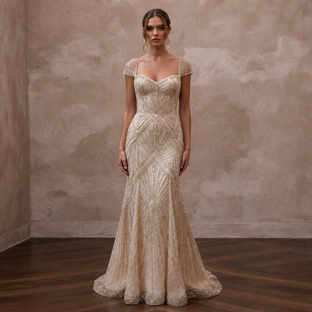 Art Deco Champagne Beaded Fit-and-Flare Bridal Gown for After-Party