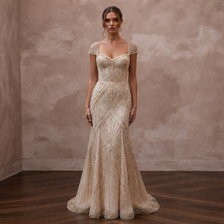 Art Deco Champagne Beaded Fit-and-Flare Bridal Gown for After-Party