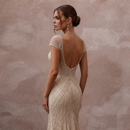 Art Deco Champagne Beaded Fit-and-Flare Bridal Gown for After-Party