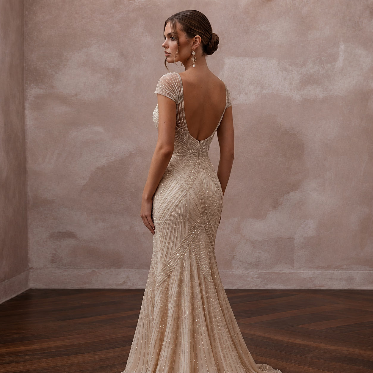 Art Deco Champagne Beaded Fit-and-Flare Bridal Gown for After-Party Secondary image