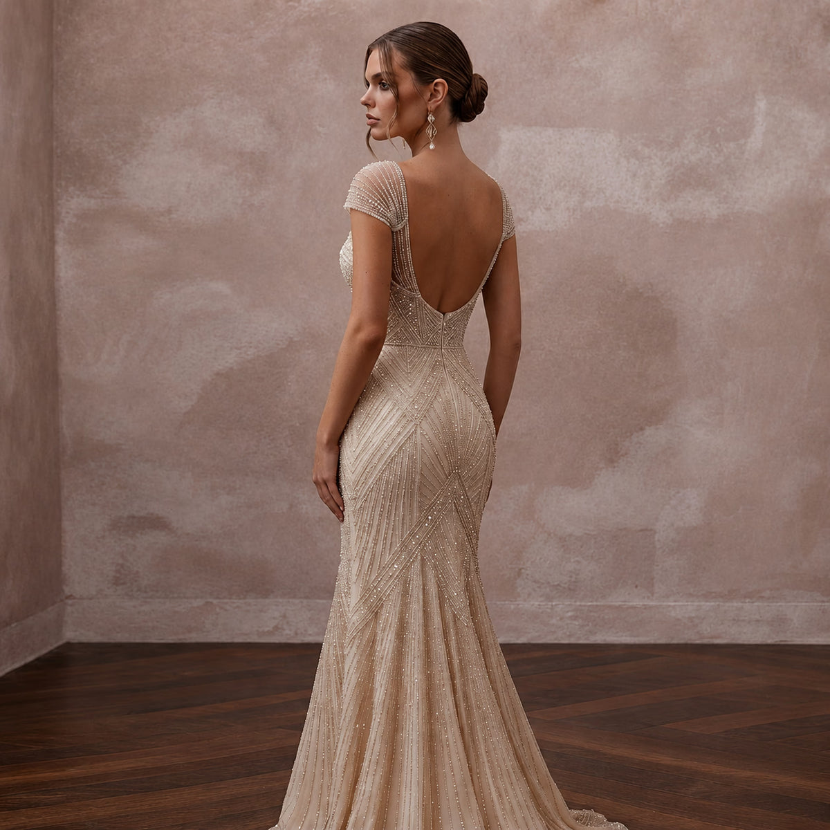 Art Deco Champagne Beaded Fit - and - Flare Bridal Gown for After - Party - Apparel & Accessories > Clothing > Wedding & Bridal Party Dresses > Wedding Dresses - Mignonette Bridal