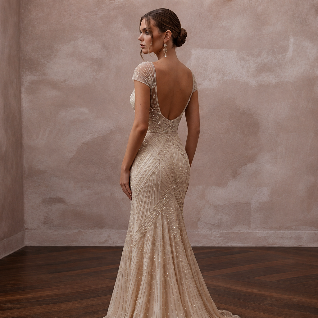 Art Deco Champagne Beaded Fit-and-Flare Bridal Gown for After-Party