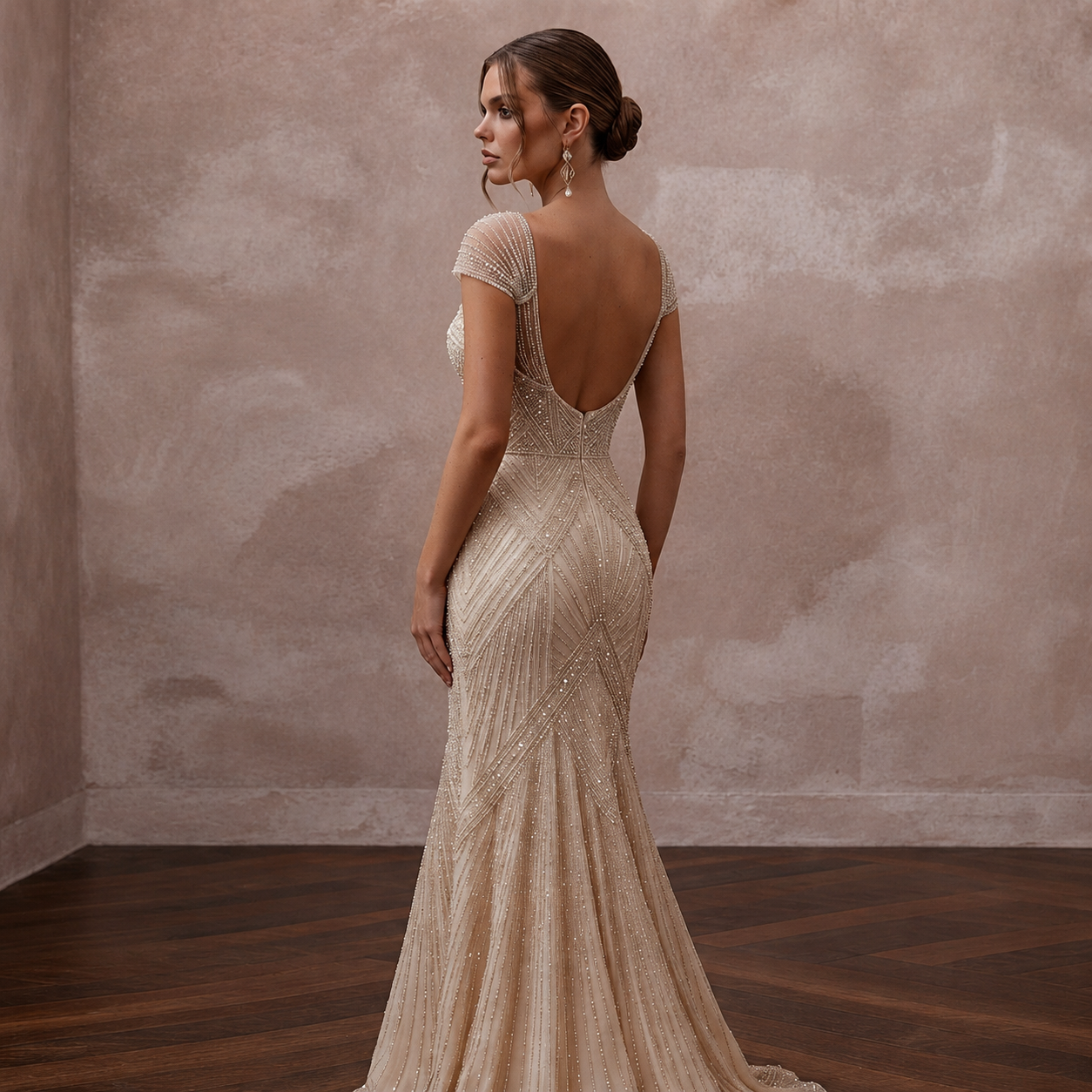 Art Deco Champagne Beaded Fit-and-Flare Bridal Gown for After-Party