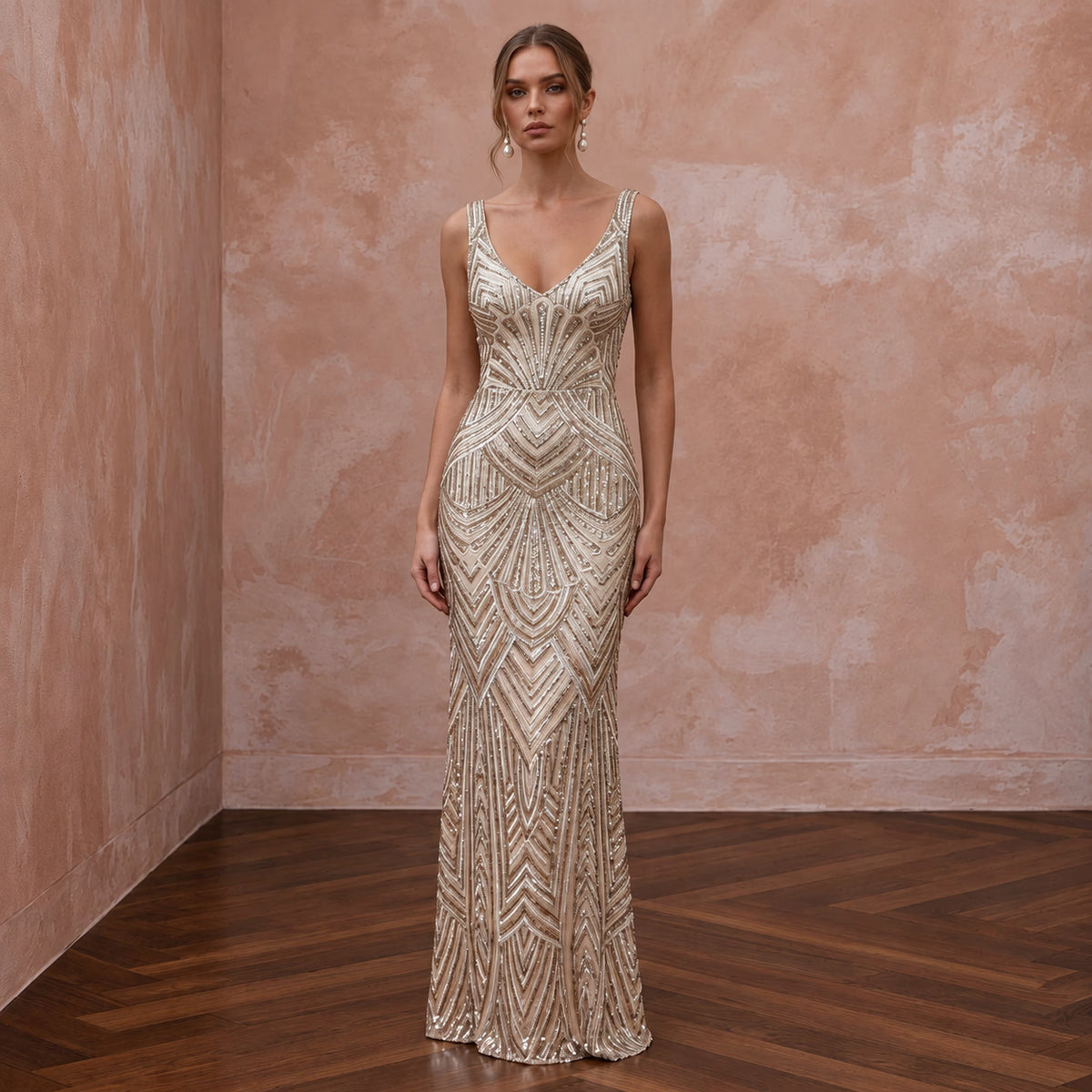 Art Deco Champagne Sequin Sheath Wedding Dress for Rehearsal Cocktails