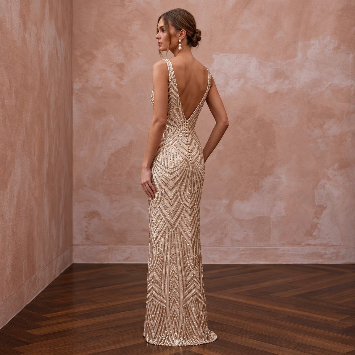 Art Deco Champagne Sequin Sheath Wedding Dress for Rehearsal Cocktails