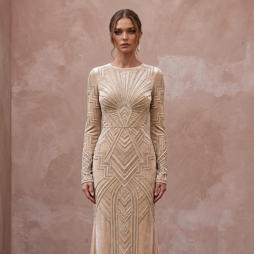 Art Deco Champagne Velvet Long Sleeve Sheath Bridal Gown for Cocktail Hour