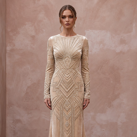 Art Deco Champagne Velvet Long Sleeve Sheath Bridal Gown for Cocktail Hour