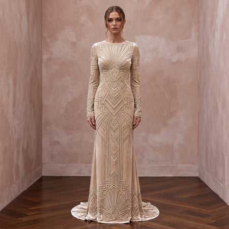 Art Deco Champagne Velvet Long Sleeve Sheath Bridal Gown for Cocktail Hour