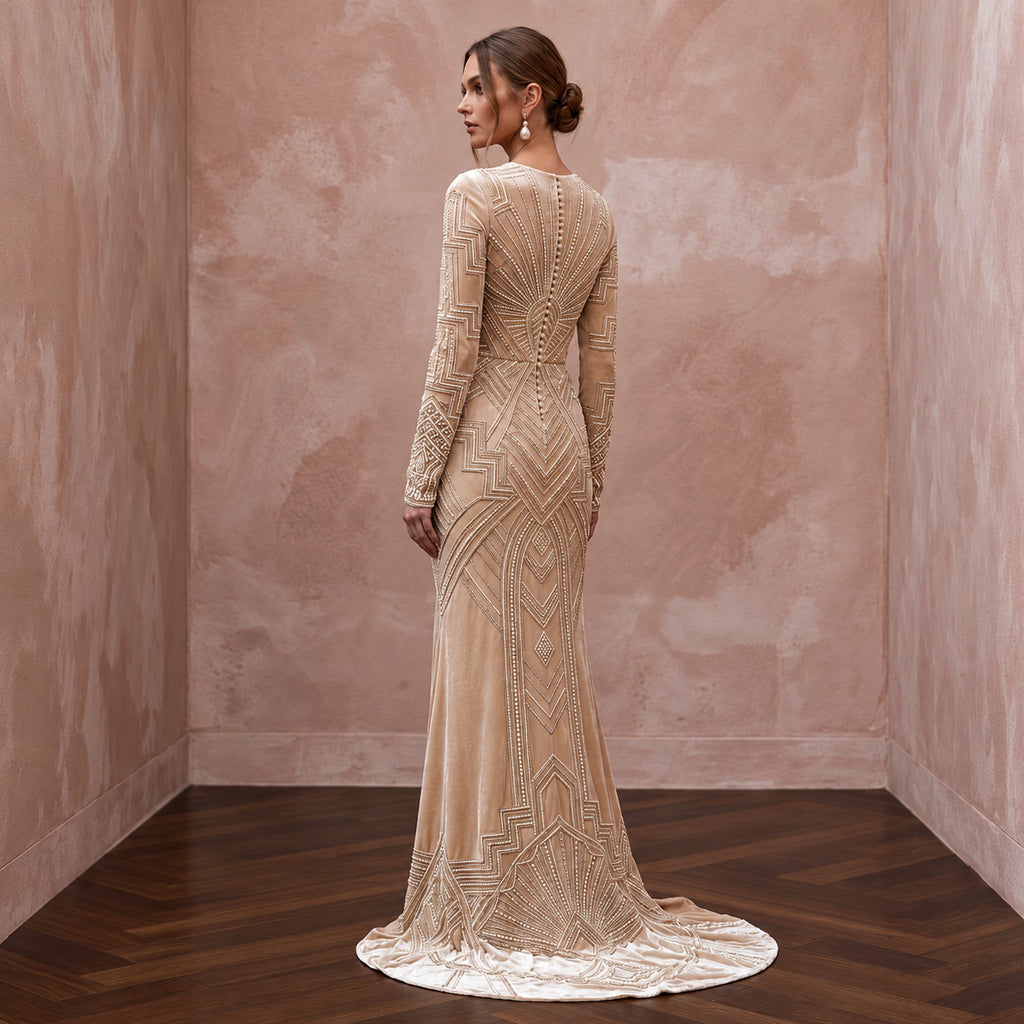 Art Deco Champagne Velvet Long Sleeve Sheath Bridal Gown for Cocktail Hour