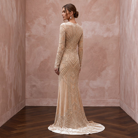 Art Deco Champagne Velvet Long Sleeve Sheath Bridal Gown for Cocktail Hour