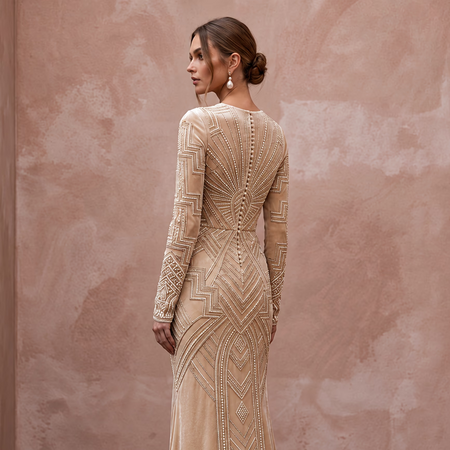 Art Deco Champagne Velvet Long Sleeve Sheath Bridal Gown for Cocktail Hour