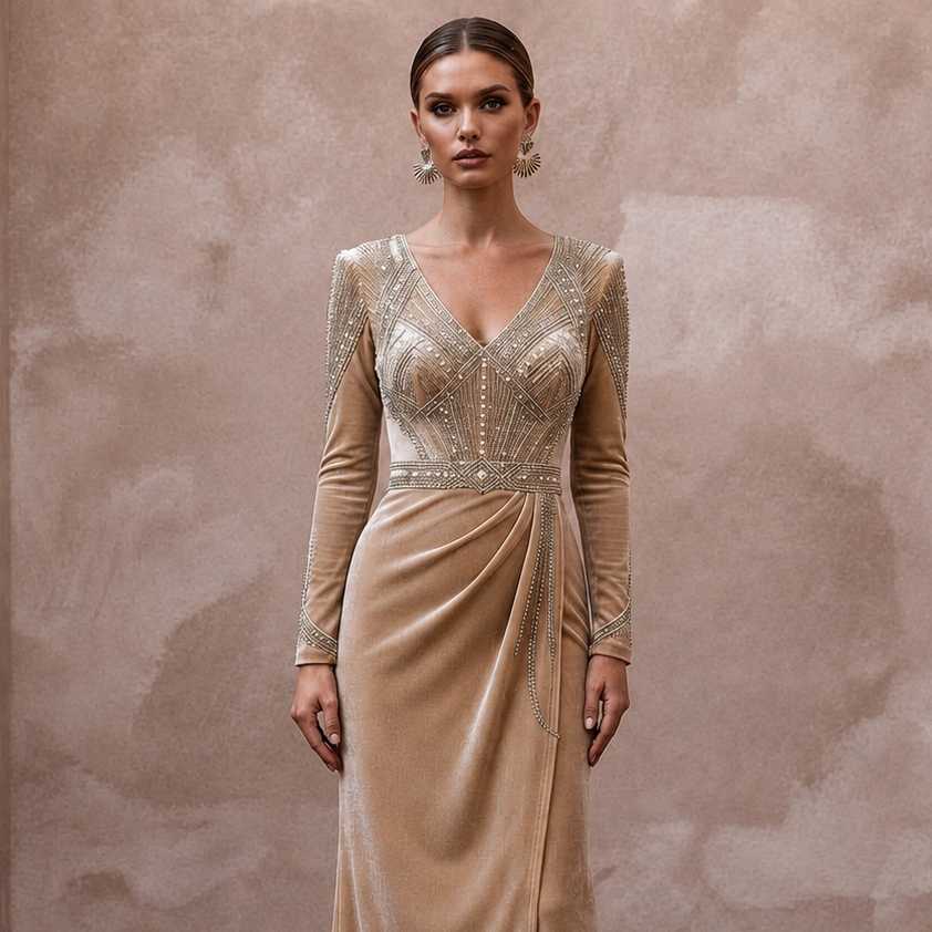 Art Deco Champagne Velvet Long Sleeve Sheath for Cocktail Hour