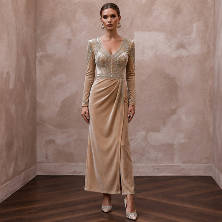 Art Deco Champagne Velvet Long Sleeve Sheath for Cocktail Hour - Apparel & Accessories > Clothing > Wedding & Bridal Party Dresses > Wedding Dresses - Mignonette Bridal