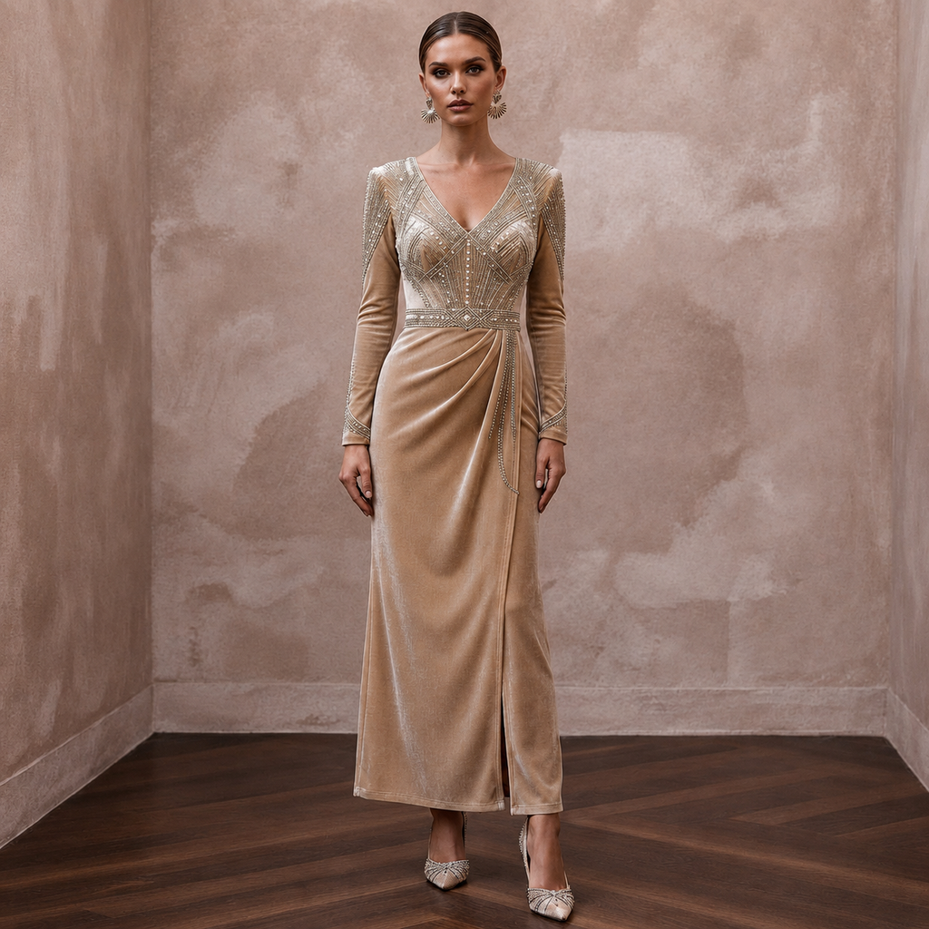 Art Deco Champagne Velvet Long Sleeve Sheath for Cocktail Hour