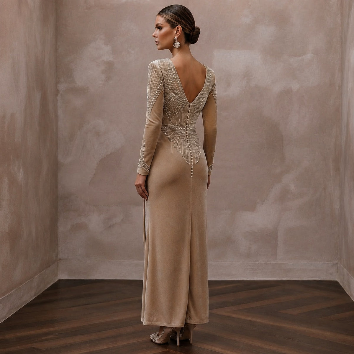 Art Deco Champagne Velvet Long Sleeve Sheath for Cocktail Hour - Apparel & Accessories > Clothing > Wedding & Bridal Party Dresses > Wedding Dresses - Mignonette Bridal