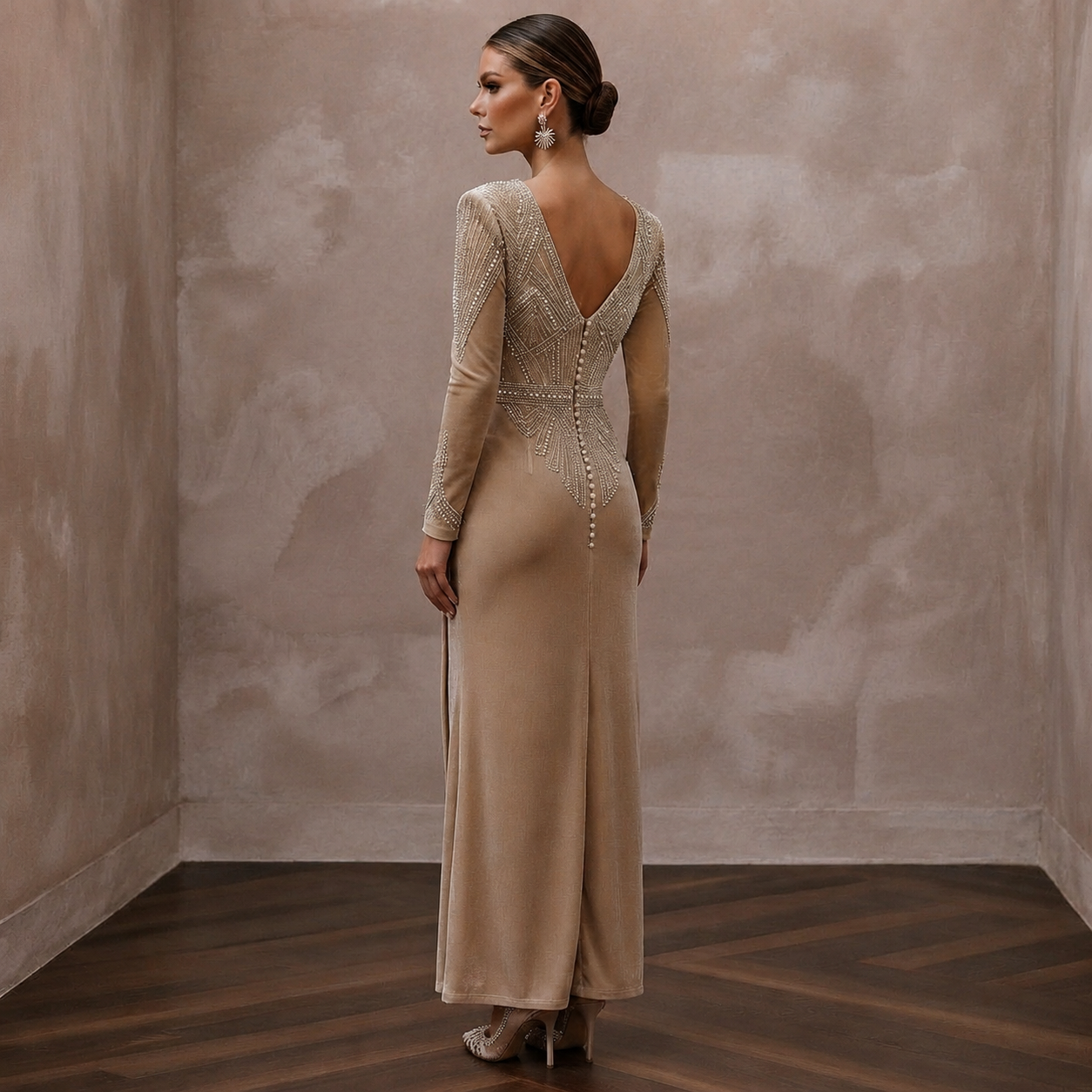 Art Deco Champagne Velvet Long Sleeve Sheath for Cocktail Hour