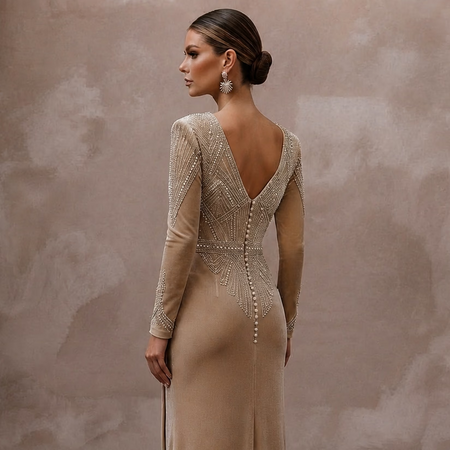 Art Deco Champagne Velvet Long Sleeve Sheath for Cocktail Hour - Apparel & Accessories > Clothing > Wedding & Bridal Party Dresses > Wedding Dresses - Mignonette Bridal
