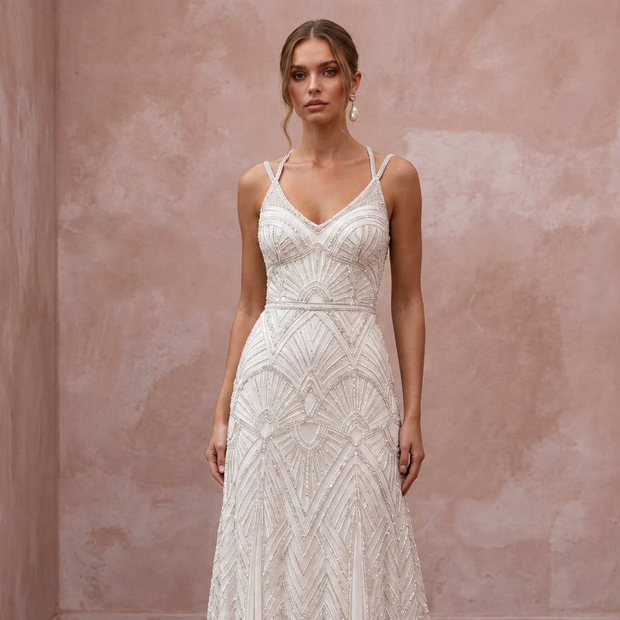 Art Deco Inspired Beaded Wedding Dress with A-Line Silhouette