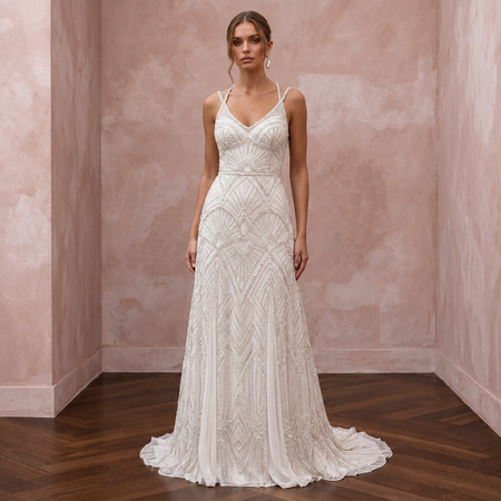 Art Deco Inspired Beaded Wedding Dress with A-Line Silhouette