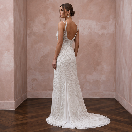 Art Deco Inspired Beaded Wedding Dress with A-Line Silhouette